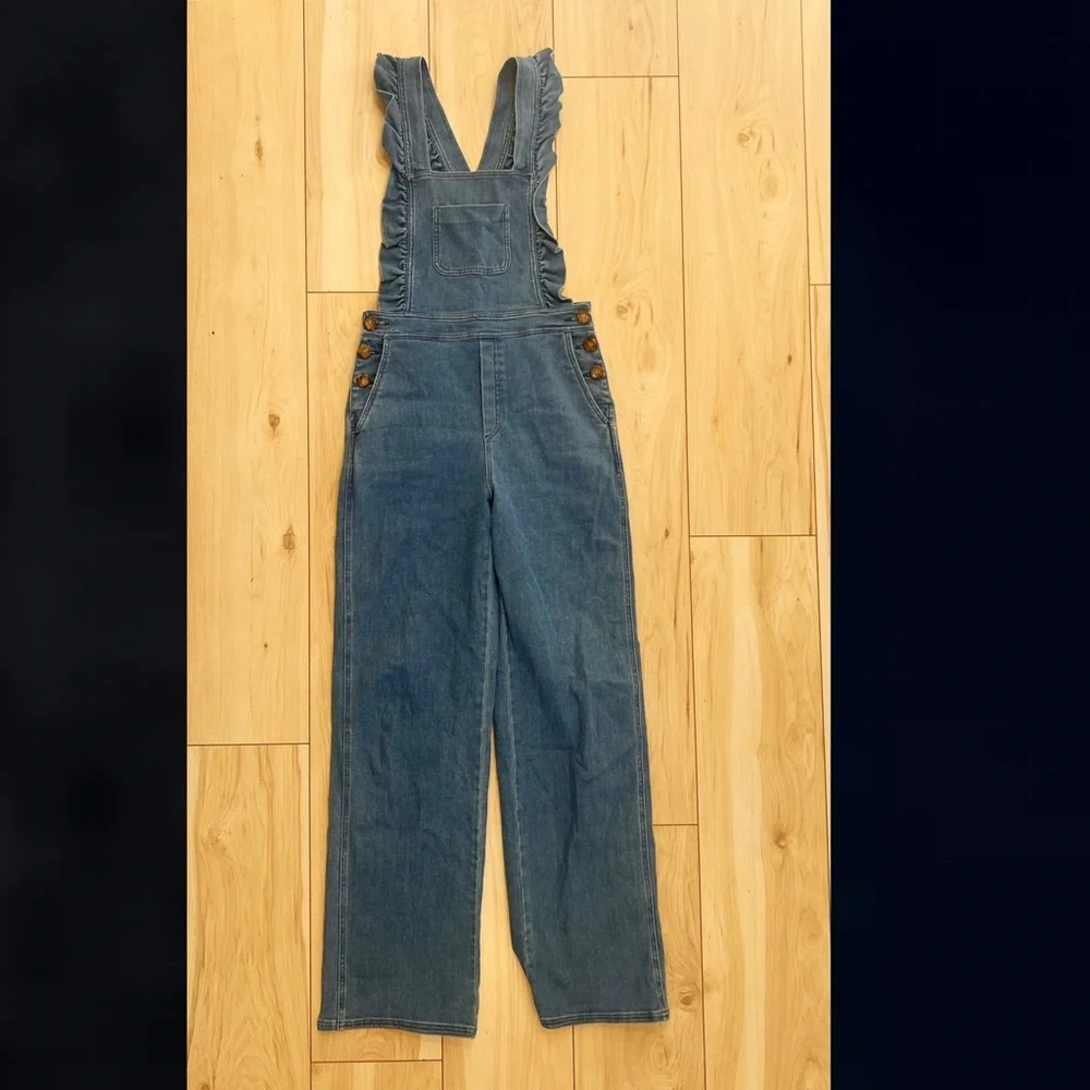 Sezane Rosario Denim Jean Overalls Ruffle Jumpsuit 38 - Picture 7 of 13